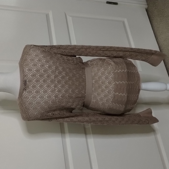 Grace Karin Taupe Open layer sweater with waist tie crochet long sleeve size XL - Picture 4 of 11